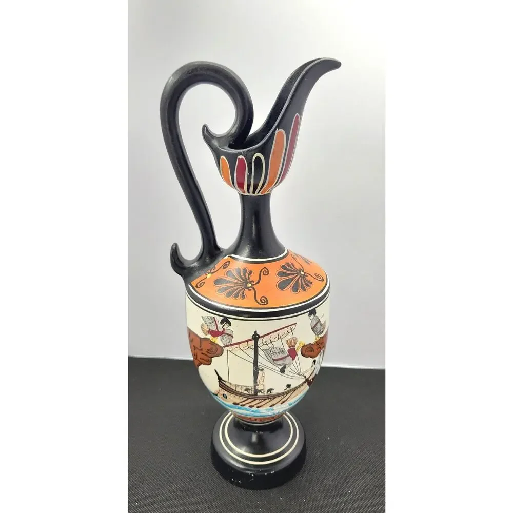 D Vassilopoulos Greek Ewer Vase 12” Hand Painted Greece Ancient Ship Pottery